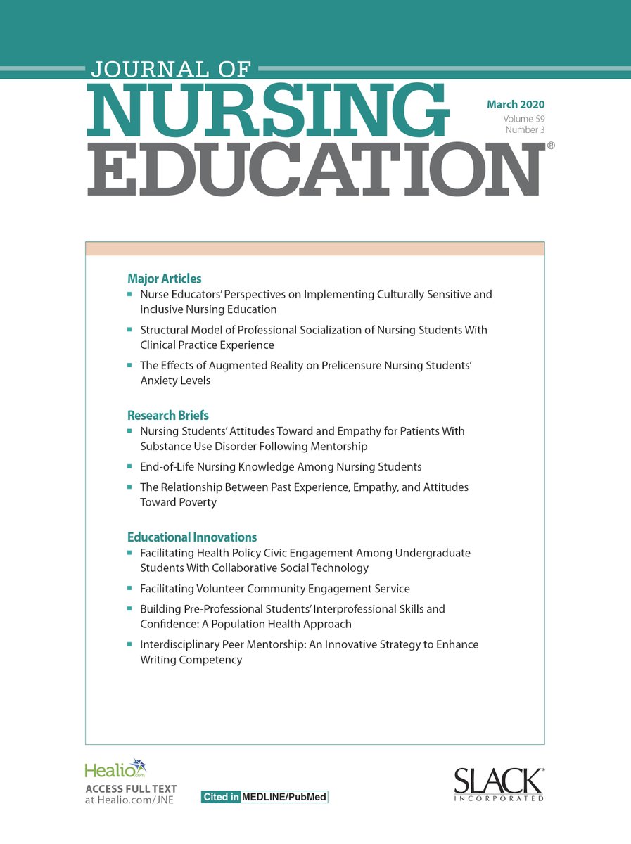 The March issue of #JNE is online now, featuring topics such as cultural sensitivity, professional #socialization, augmented reality and #anxiety, #empathy, end-of-life knowledge, and much more! healio.com/nursing/journa…