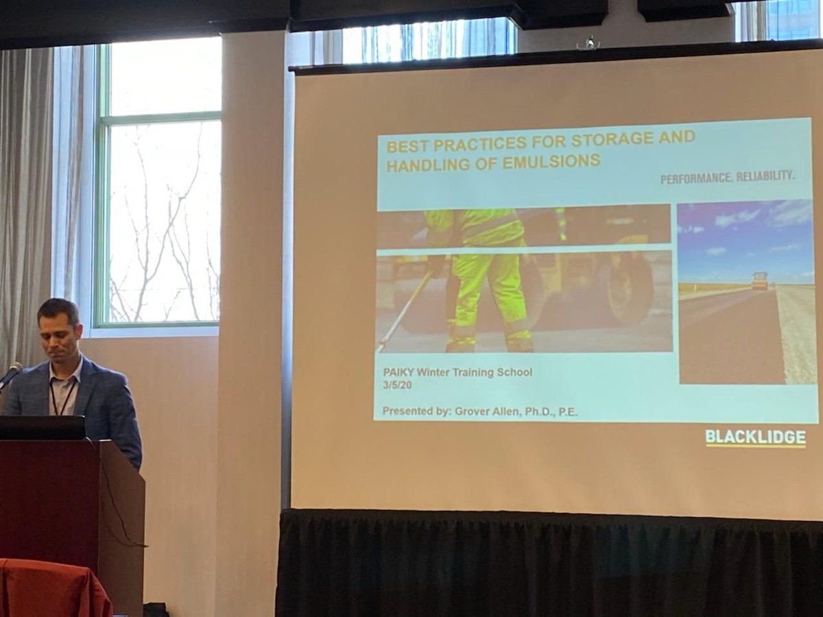 Blacklidge's tweet photo. Last week we were in Louisville for PAIKY Winter Training School, where our Technical Director @pavemntengineer presented on Best Practices for Storage and Handling of Emulsions. #asphalt #BEontheroad https://t.co/9DheJYkPEQ