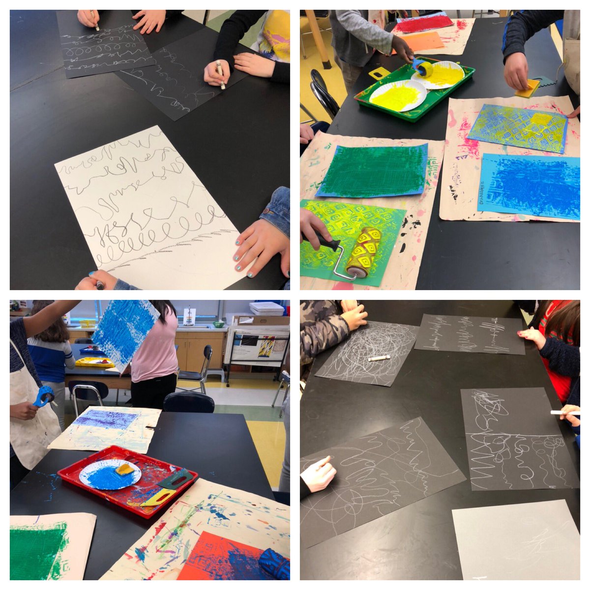 Inspired by Bearden’s collages, 4th graders listened to jazz music and created textured papers. Can’t wait to see the finished collages!