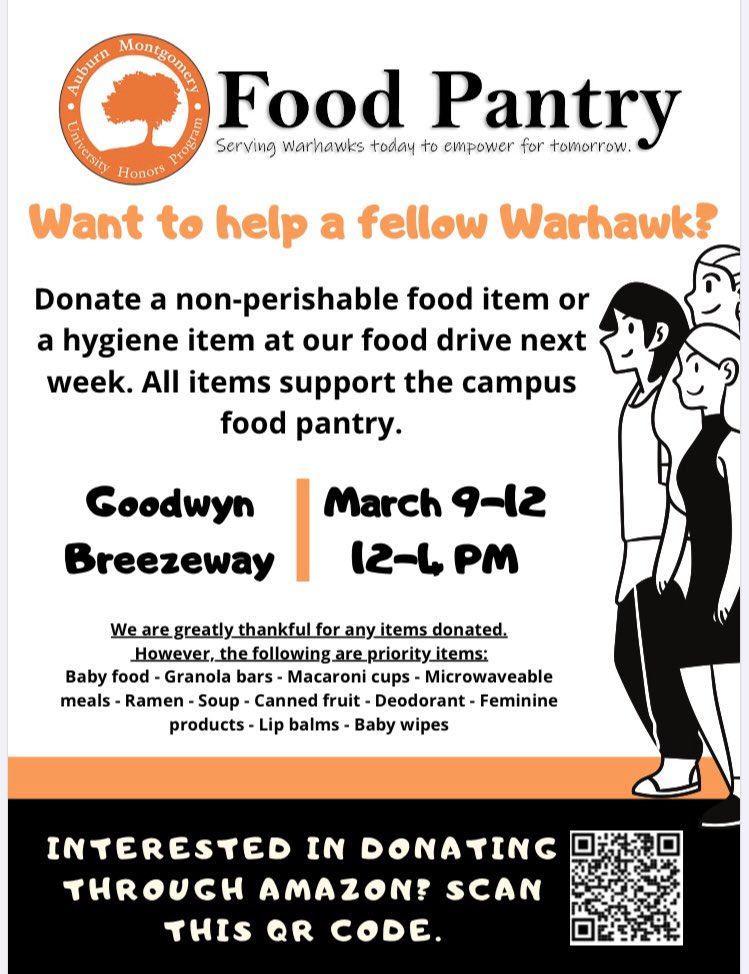 Want to help a fellow Warhawk? Come check out UHP today until Thursday to donate to the campus food pantry! Did you know it is open to all AUM students? Support a great cause today! #AUM #gowarhawks #UHP