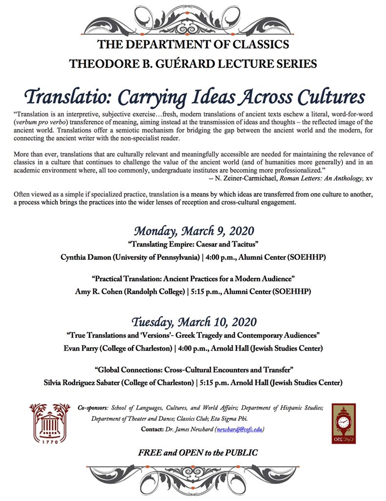 CofCTheatre's tweet photo. Come support Evan Parry, one of the department's most valued professors, directors, and mentors! Tomorrow at 4:00, listen to his presentation "True Translations and and "Versions" - Greek Tragedy and Contemporary Audiences" in the Jewish Studies Center. https://t.co/qLJkG5EcZZ