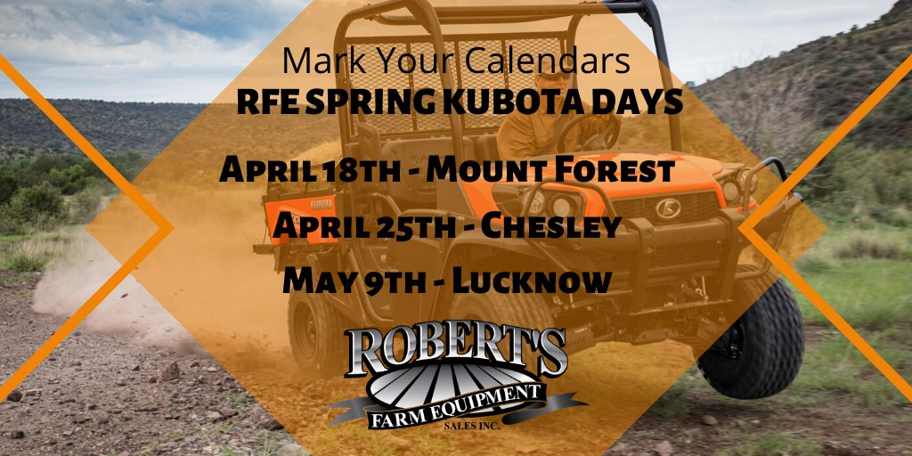 RobertsEquip_'s tweet photo. In the market for a @KubotaCanadaLtd this spring? Well join us at our Spring Kubota Days to receive special pricing on select Kubota Equipment #RFE #OpenHouse #BringInSpring https://t.co/1wOv63BVnX