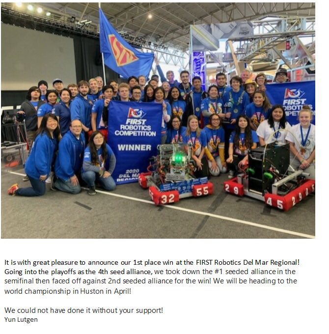 Congrats to ⁦<a href="/SanPasqualHS/">San Pasqual High</a>⁩ <a href="/FRCTeam3255/">SuperNURDs</a> !!! The team, founded by Yun Lutgen and led by President, Kiana Tristan, won ⁦<a href="/FirstRobotics/">First Robotics LC</a>⁩ Del Mar Regional competition!  They are sponsored by Women of ⁦<a href="/Teradata/">Teradata</a>⁩.  Heading to Houston in April