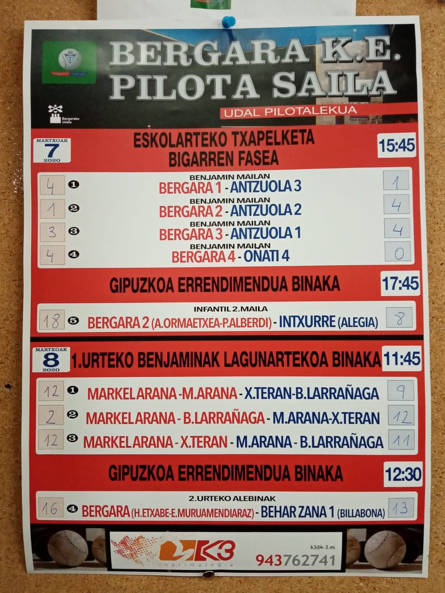 PelotaBKE's tweet photo. Gabon! Hemen bidaltzen dizkizuet asteburuan Bergarako udal pilotalekuan jokatu diren partiduen emaitzak. https://t.co/9IJh0Vg84A
