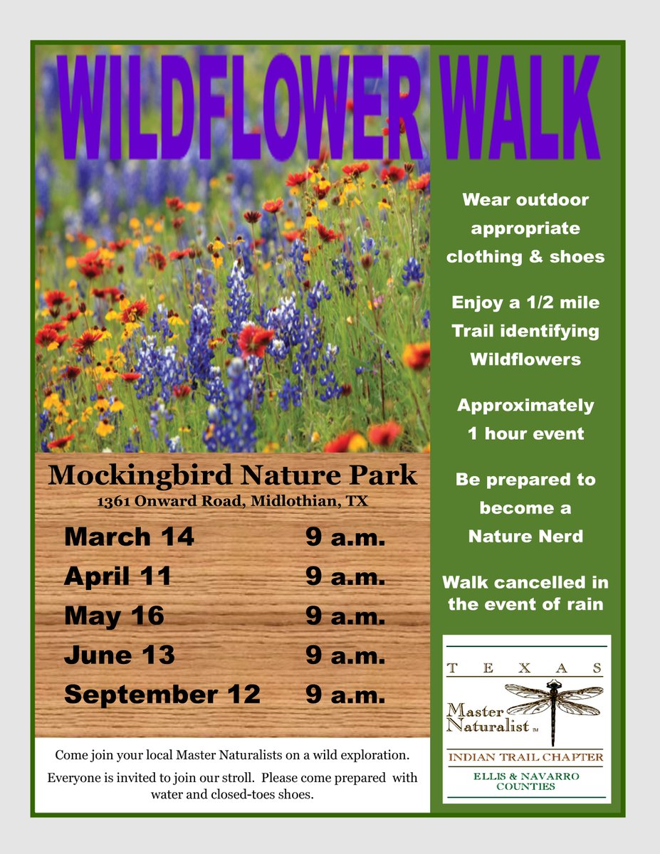 MidlothianPARD's tweet photo. The 1st wildflower walk of 2020 at Mockingbird Nature Park is this Saturday at 10 am!
Visit our website for the full schedule and info at 
https://t.co/oeBh7zMWcB https://t.co/GGIoCXE6sY
