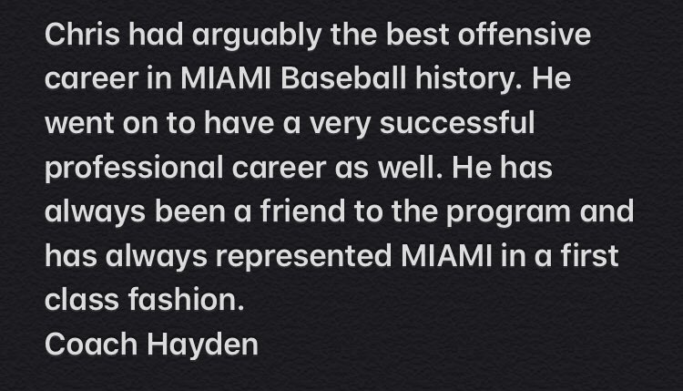 Alumni Monday

This week recognize Chris Sexton. Chris’ career:
1993 MAC Player of the Year
2002 Miami Hall of Fame Inductee
Single Season Batting Average record .429
Career Batting Average Leader .383
10th round MLB Draft Pick

Thank you Chris for setting the bar! 
#LoveAndHonor