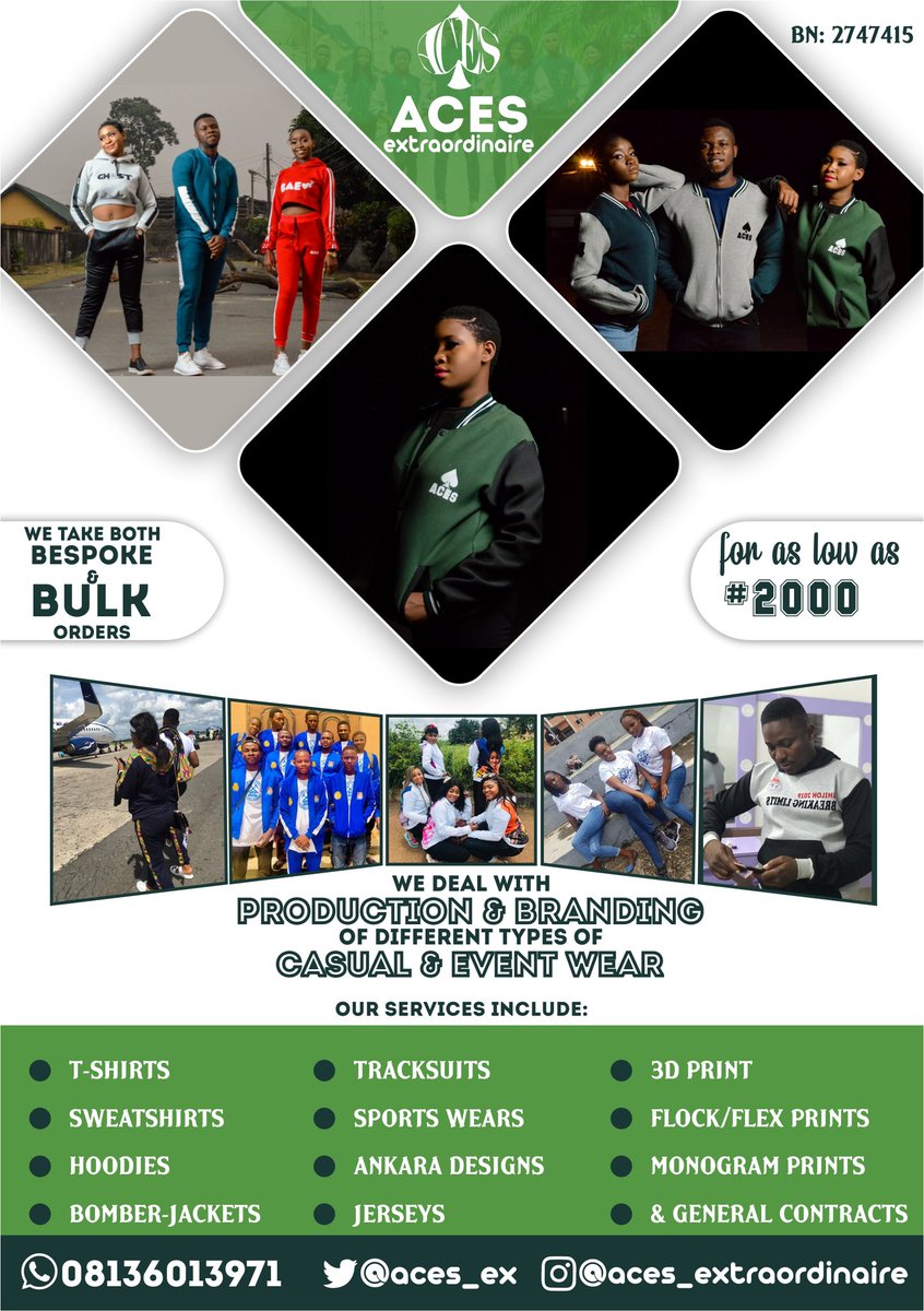 aces_ex's tweet photo. Hey guys we're an indigenous clothing brand that deals with the production and branding of different types of quality casual and event wears like 
T-shirts 
Sweatshirts 
Varsity jacket 
Bomber-jackets 
Hoodies
Tracksuits etc 
Call or whatsapp us on 00136013971
Please help retweet https://t.co/xKt3WZSiQx