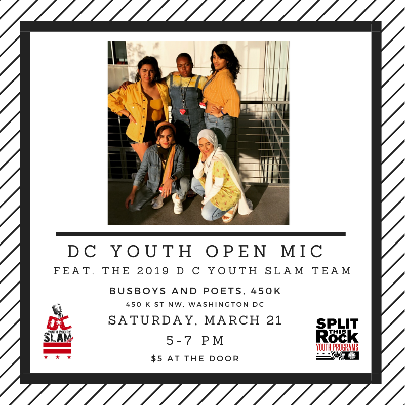 DCyouthSlam's tweet image. Bring a friend &amp;amp; share your art at the DC Youth Open Mic, Sat. March 21, 5-7 pm at Busboys &amp;amp; Poets-450 K. Hosted by Kenny Carroll &amp;amp; featuring the 2019 DC Youth Slam Team. The open mic is open to youth ages 0-24. More details: bit.ly/38AbZLW

#DCOpenMic #DCPoetry #DCPoets