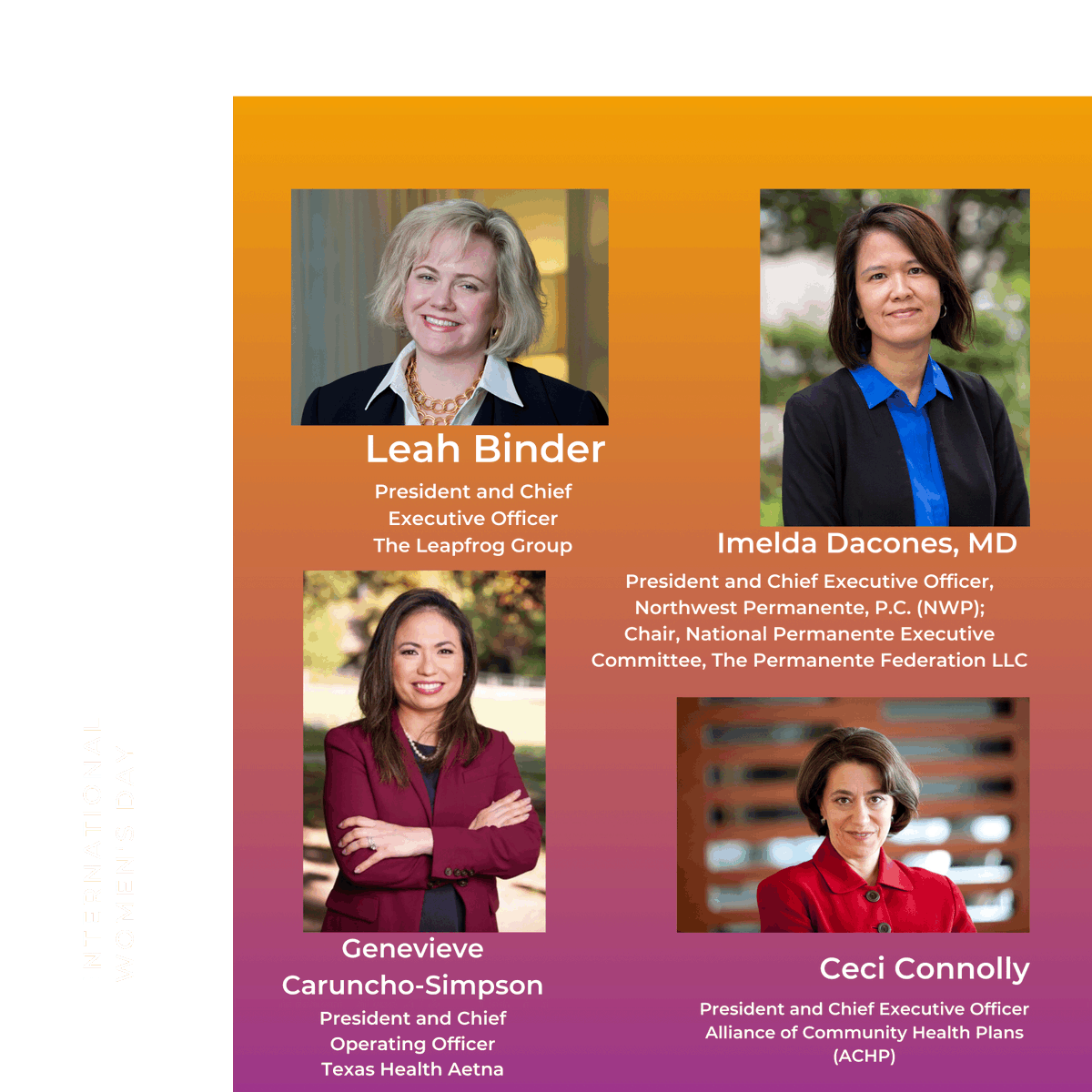 World Health Care Congress (@whccevents) on Twitter photo For #InternationalWomensDay here's several of the women on our speaking faculty (making up nearly 50% of all of the WHCC20 speakers) <a href="/leahbinder/">Leah Binder</a> <a href="/LeapfrogGroup/">The Leapfrog Group</a>, Genevieve Caruncho-Simpson <a href="/Aetna/">Aetna</a>, <a href="/CeciConnolly/">Ceci Connolly</a> <a href="/_ACHP/">Alliance of Community Health Plans (ACHP)</a>, <a href="/ImeldaDaconesMD/">imelda dacones</a> <a href="/NWPermanente/">Northwest Permanente</a> #WHCC20 For #InternationalWomensDay here's several of the women on our speaking faculty (making up nearly 50% of all of the WHCC20 speakers) <a href="/leahbinder/">Leah Binder</a> <a href="/LeapfrogGroup/">The Leapfrog Group</a>, Genevieve Caruncho-Simpson <a href="/Aetna/">Aetna</a>, <a href="/CeciConnolly/">Ceci Connolly</a> <a href="/_ACHP/">Alliance of Community Health Plans (ACHP)</a>, <a href="/ImeldaDaconesMD/">imelda dacones</a> <a href="/NWPermanente/">Northwest Permanente</a> #WHCC20