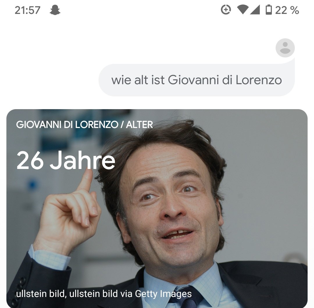 "Okay Google: Wie alt ist Giovanni di Lorenzo?" ... Verstehe.

Happy Birthday und auf die nächsten 41 Jahre bei <a href="/DIEZEIT/">DIE ZEIT</a>.
