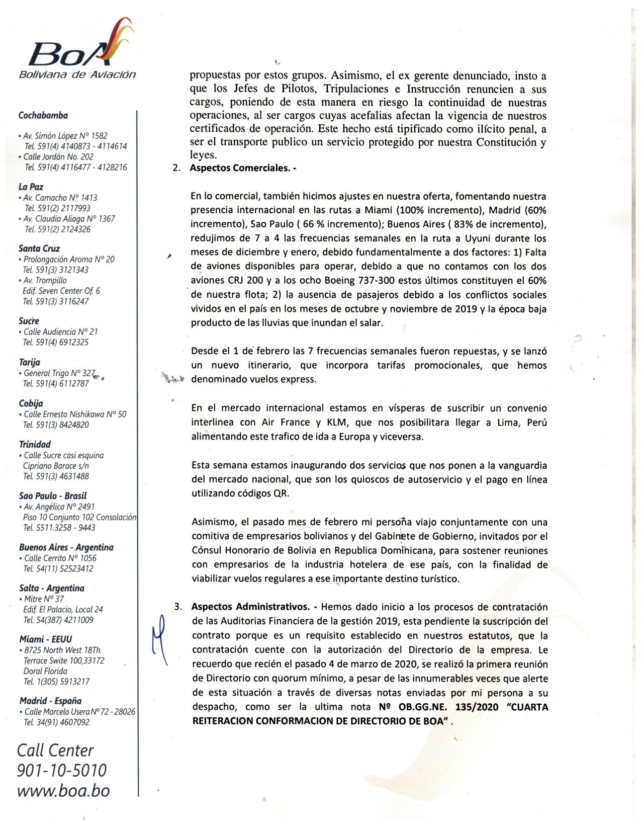 Boliviana De Aviacion Telefono Buenos Aires Twitter 上的 Los Tiempos："#ÚLTIMO El gerente general de Boliviana de Aviación  (BoA), Juan Carlos Ossio, aseguró en una carta dirigida al ministro de  Obras Públicas, Iván Arias, que no renunciará al cargo