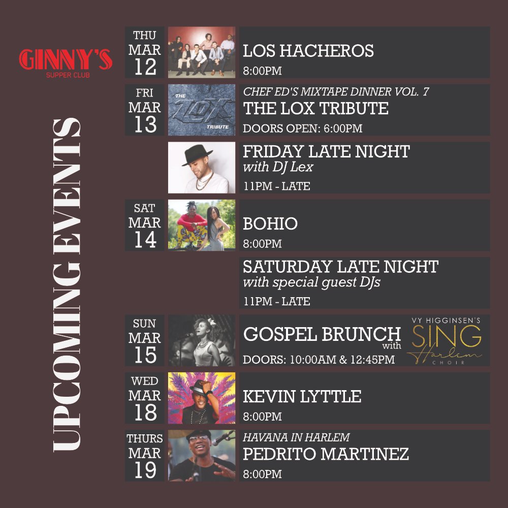 GinnysHarlem's tweet photo. This week we've got modern-day torchbearers of the Golden Age of Latin music, @los_hacheros, in the house. Plus, Chef Ed is back with his epic Mixtape Dinner. Head to https://t.co/YylE91McvS for details and tickets. #weeklylineup #harlem #livemusic #ginnyssupperclub https://t.co/FLixBNfE25