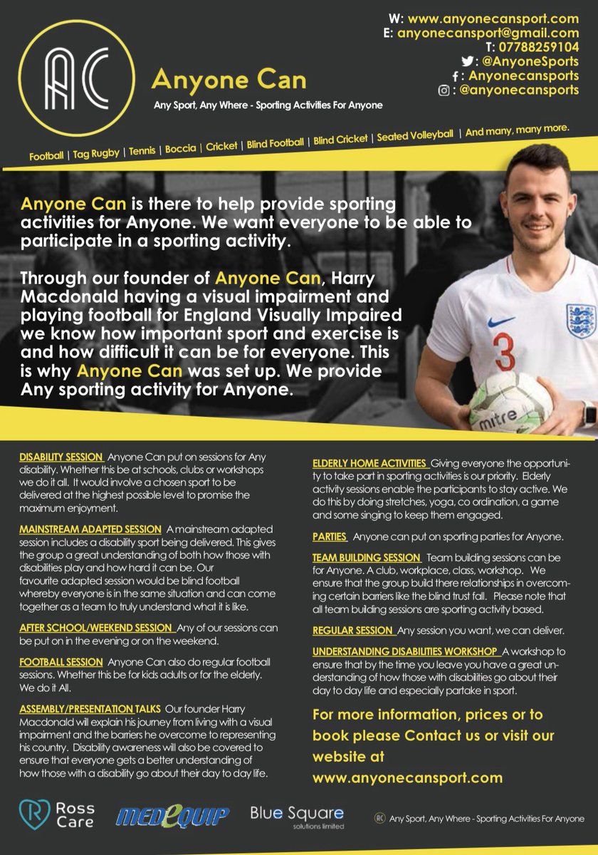 AnyoneSports's tweet photo. ⚫️ Anyone Can 🟡

At Anyone Can we provide sporting activities for Anyone! Whether this is disabled, mainstream or elderly- we offer all!
Leaflet made by @Matchday_Mkt https://t.co/Glk6fLmKNT