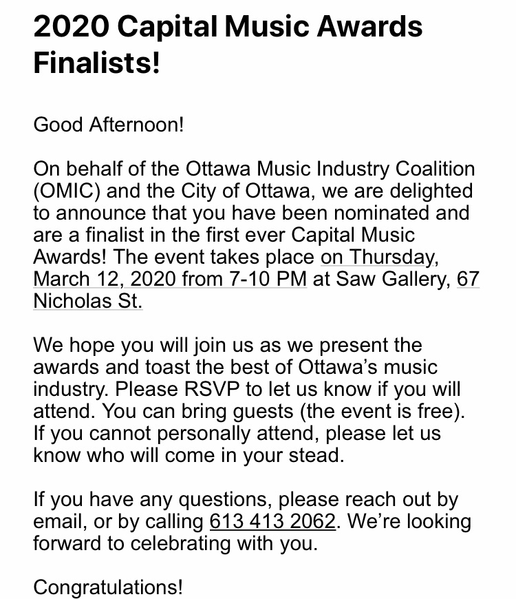 ElementalsBand's tweet image. I’ve been taking a break from Twitter ‘cause it’s been bad for my brain but I wanted to share with you all some really cool news I got today.

Going to my first Awards show, ma!

Thank you @OttawaMIC