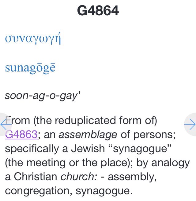 In comparison to the word Church, Ekklesia, there is a Synagogue, Sunagoge in Greek, and Temple, Hieron in Greek. Note the Etymology of the word Synagogue implies Public worship and a building, and Temple implies a building, used as a word for Synagogue by 1590s AD.