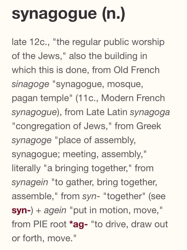 In comparison to the word Church, Ekklesia, there is a Synagogue, Sunagoge in Greek, and Temple, Hieron in Greek. Note the Etymology of the word Synagogue implies Public worship and a building, and Temple implies a building, used as a word for Synagogue by 1590s AD.