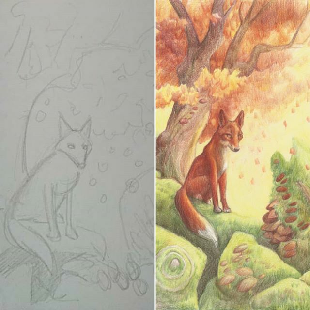 🐾 Rough/mock up 🐾 #marchmeetthemaker
🦊 First thumbnail to finished piece.

#startfinish #fox #woodland #mushrooms #toadstool #trees #forest #autumnwoods #cp_art #coloredpencilartwork #yellows#orange #fallcolors #wistmanswood #sketchbook #starttofinis… ift.tt/2TUzfPB