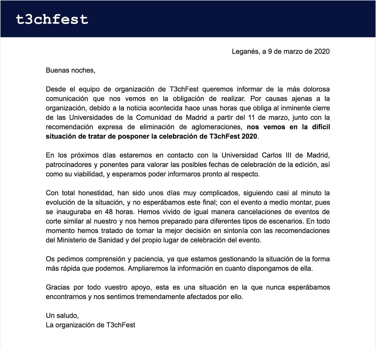 T3chFest's tweet image. 📢 ‼️ Nos vemos en la obligación de comunicar la más dolorosa de las noticias dado el cambio de escenario por el Ministerio de Sanidad y la decisión de la Comunidad de Madrid sobre las Universidades (lugar donde hacemos el evento).

Aplazamiento T3chFest 2020:
