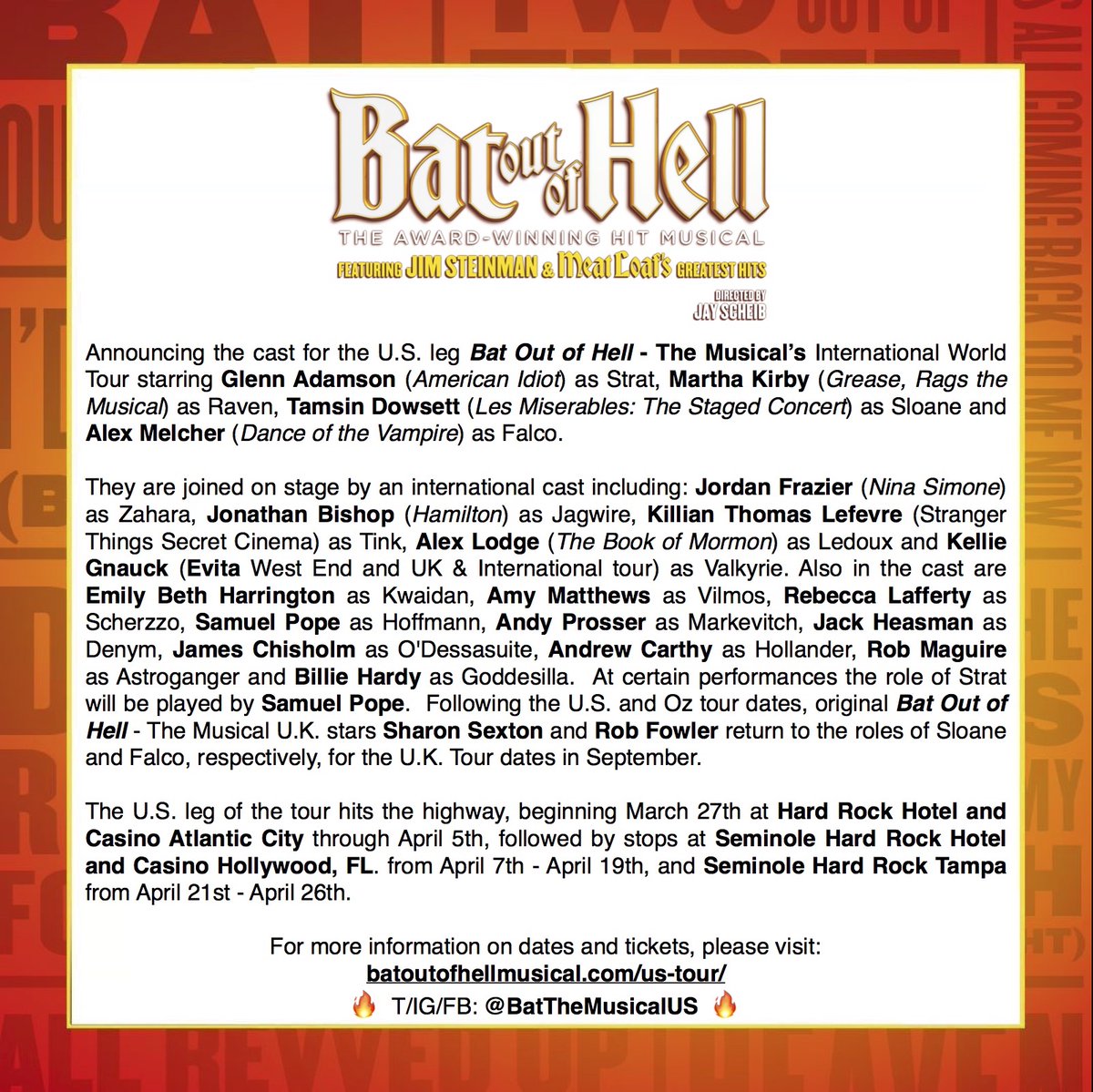 Announcing the 2020 U.S. Cast Of #BatTheMusicalUS! 

Come "hit the highways" and get "revved up" with this exceptional cast this March and April in Atlantic City, Hollywood and Tampa! 

Rock And Roll Dreams Are Coming True!

🔥 batoutofhellmusical.com/us-tour/ 🔥