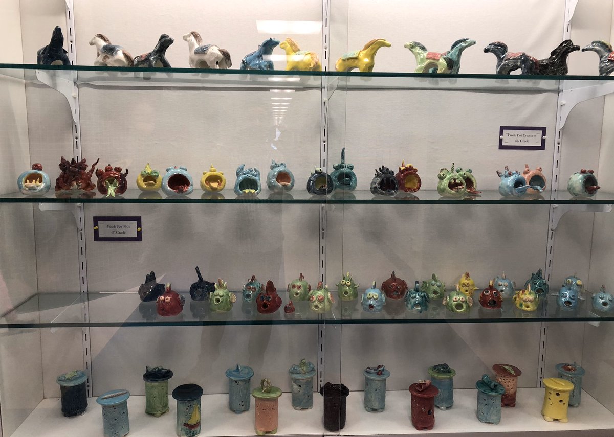 Ceramic artists have produced some beautiful pieces!!! 6th graders created extruded lanterns, students in 5th produced altered horses, 4th graders with funny creatures, and 3rd grade with silly fish! #clsstripes #ellingcen