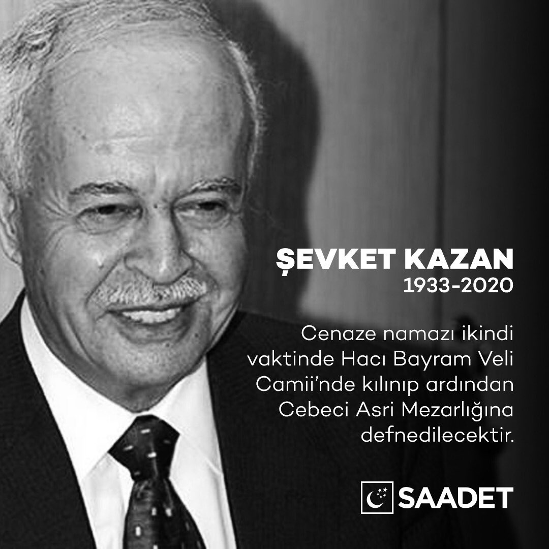 Yüksek İstişare Kurulu Üyemiz ve Eski Adalet Bakanı Şevket Kazan hayatını kaybetmiştir. Kendisine Allah’tan rahmet, ailesine ve camiamıza başsağlığı dileriz.

Cenaze namazı yarın ikindi vakti Hacı Bayram Veli Camii’nde kılındıktan sonra Cebeci Asri Mezarlığına defnedilecektir.