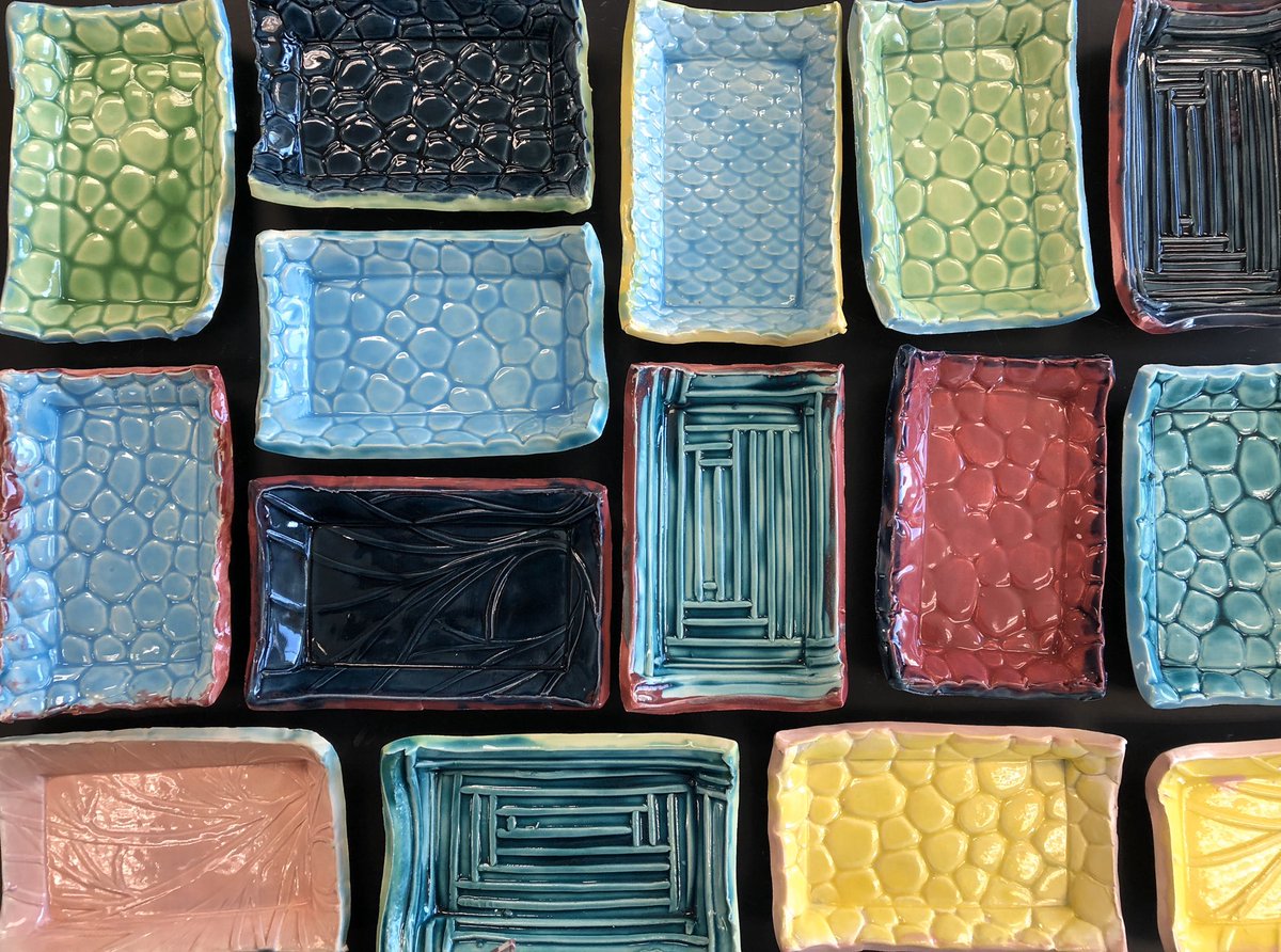 First graders have completed soap dishes employing texture and beautiful glaze combinations! #ellingcen #clsstripes