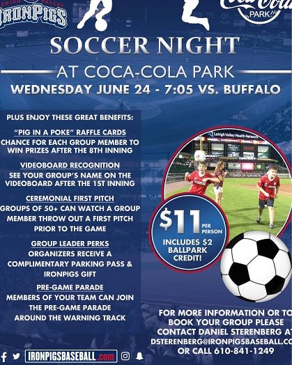 bethlehemSC's tweet photo. Bethlehem Soccer Club will take part in Soccer Night at the IronPigs on June 24.
We reserved over 50 tickets, but they will likely go fast. The sooner we register 50 tickets, the sooner we can reserve more. First 50 tickets on 3rd base line.
https://t.co/XD2A6Znhr3 https://t.co/D1ctOjbhUy