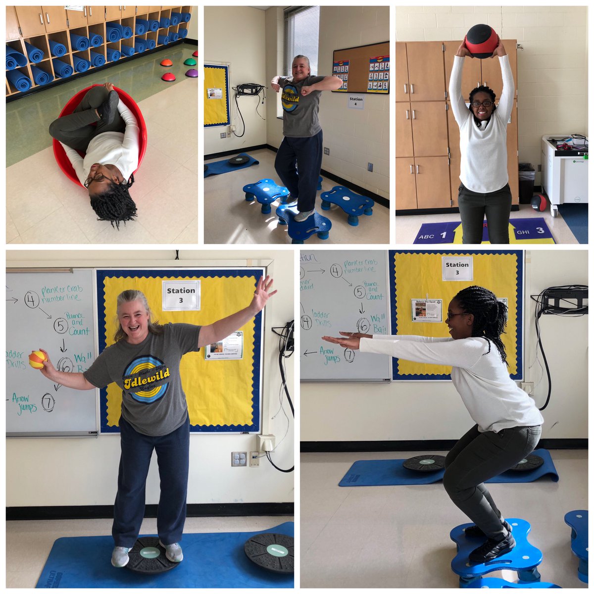 PrincipalGarvin's tweet photo. Celebrating Health & PE Advocacy Week @IdlewildES. Staff were encouraged to wear workout clothes to move more before/during/after school. Check out 2 of our awesome Ts using the #B3Lab to get in a workout today. Way to go, Ms. Johnson & Ms. Vajay! #PEAdvocates #IdlewildMovesMore https://t.co/Q8vWadNq6i
