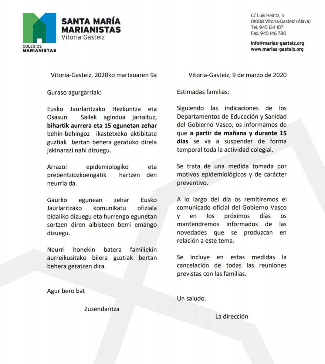 ⚠️ SUSPENSIÓN ACTIVIDAD⚠️

Desde mañana martes y durante 15 días se suspende toda actividad colegial. Esto Incluye partidos de todos nuestros equipos escolares y federados, así como cualquier actividad extracurricular.