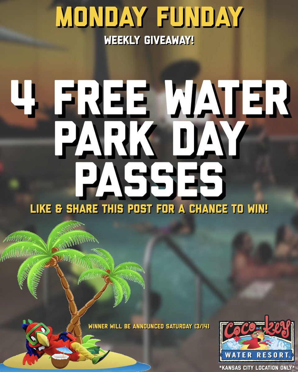 CoCoKeyKC's tweet photo. Our First Monday Funday giveaway! 🎉 

Like &amp; Share this post for a chance to when 4 FREE water park day passes! It’s that easy! Winner will be announced on Saturday! Best of luck!☀️🦜😉 #CoCoKeyKC #CoCoKeyKansasCity https://t.co/q2qn21k0eO