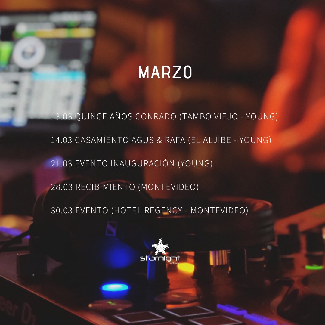 StarNightDisco's tweet photo. ⚡️¡AGENDA! Después del fiestón del sábado, ya nos preparamos para lo que se viene en marzo! 👉🏼Llamanos al 098286404 y reserva tu evento con nosotros! #StarNight #Marzo2020 https://t.co/waBWg1Pmr7