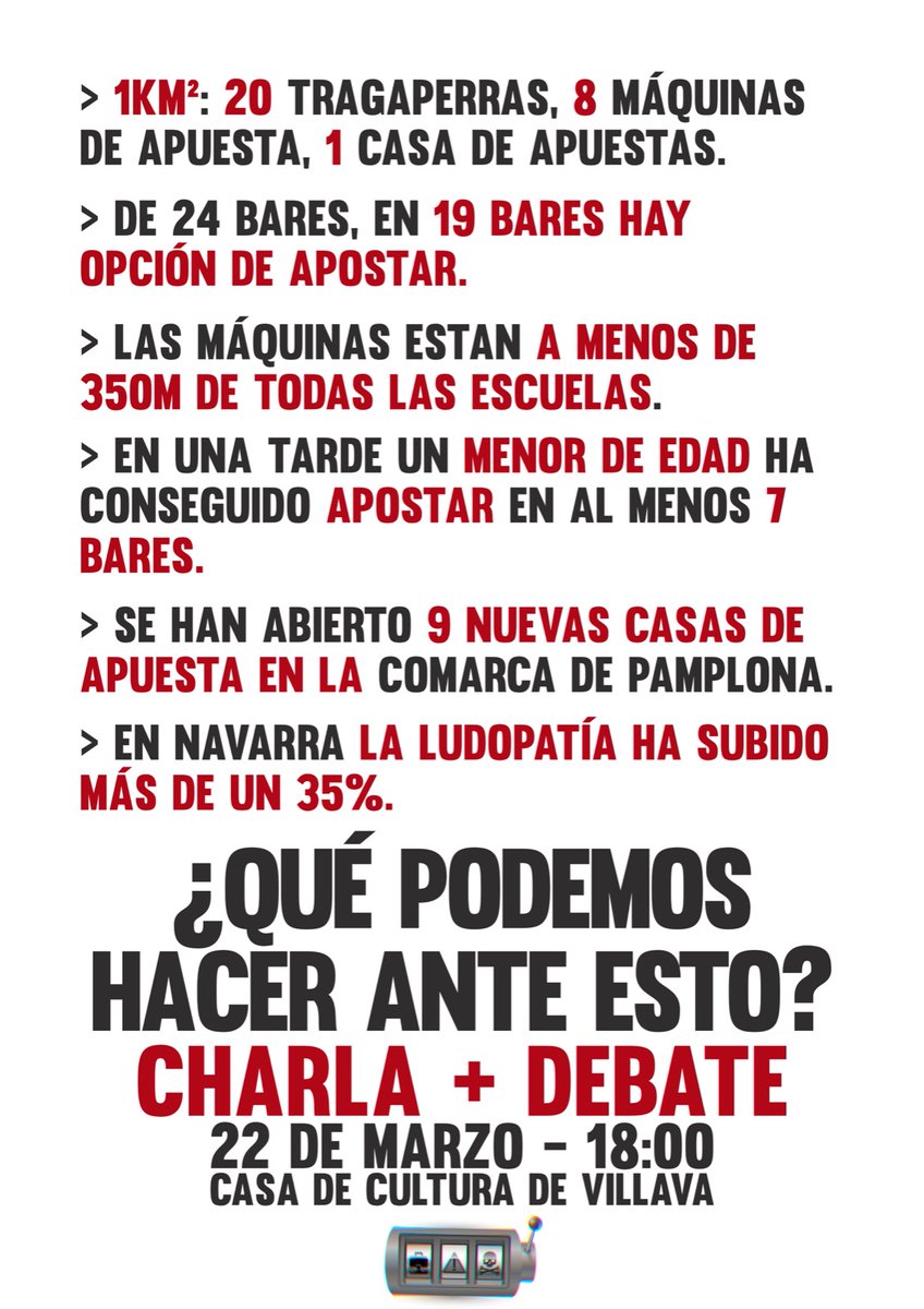 AtarrabiakoGazt's tweet photo. ¿ANTE ESTO QUÉ?
Para conocer la situación de la problemática de las apuestas en Villava y reflexionar sobre ello, te invitamos a la charla y debate que tendrá lugar el domingo 22 de marzo a las 18:00 en la Casa de Cultura de Villava. Porque tenemos mucho por hacer nos vemos allí! https://t.co/IK5lWrKMCf