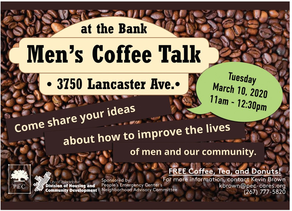 Tomorrow is Men's Coffee Talk at the Bank (3750 Lancaster Ave.)! #westphilly #men