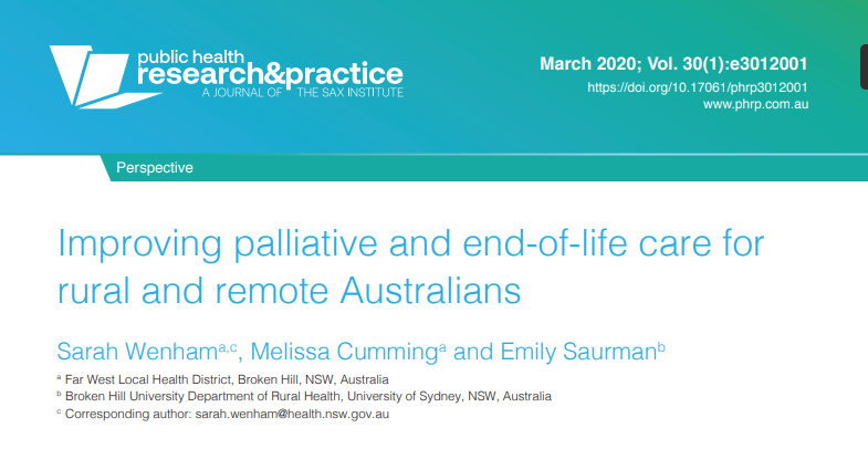 BHUDRH's tweet photo. New #perspectives publication - 'Improving #palliativecare for #rural Australians' @phrpjournal @esaurman #FWLHD https://t.co/Hkmdm8SzrA