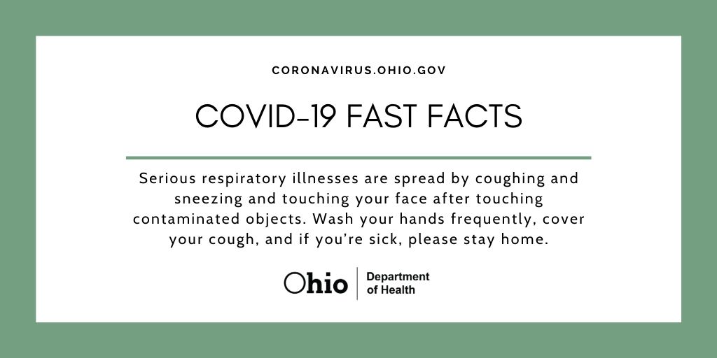 Coronavirus.ohio.gov COVID-19 Fast Facts: Serious respiratory illnesses are spread by coughing and sneezing and touching your face after touching contaminated objects. Wash your hands frequently, cover your cough, and if you're sick, please stay home. Ohio Department of Health. Image Courtesy of the Ohio Department of Health's Twitter.