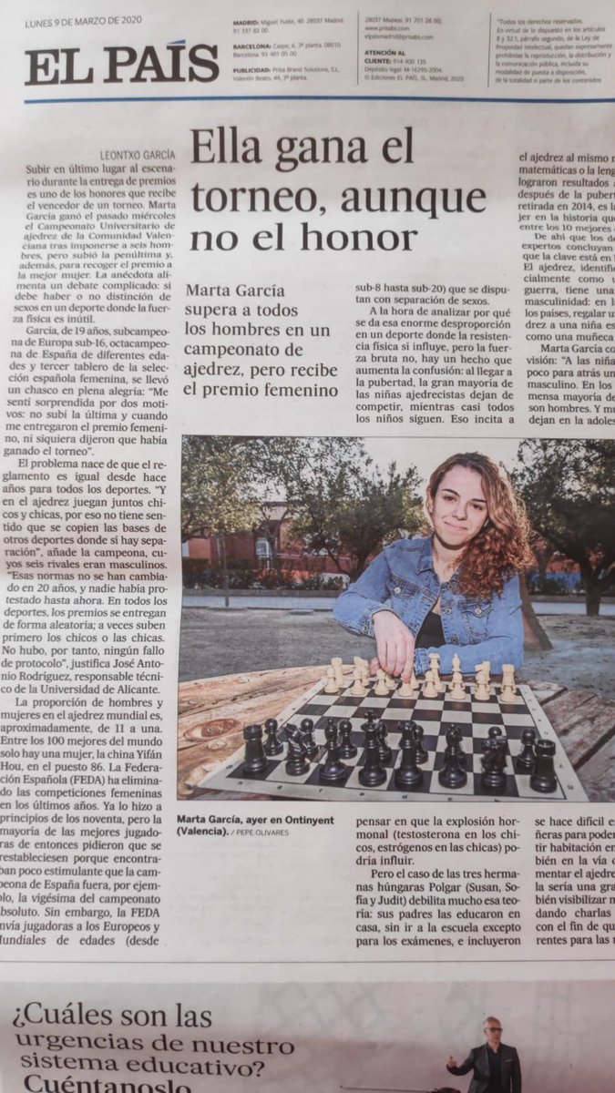 👆El caso de Marta García llega a la prensa nacional. Ocurrió la semana pasada cuando ganó el torneo universitario de ajedrez y recibió el premio femenino y no el trofeo general ⚠️...Esperemos que sea la última vez...! #chess #ajedrez #deportefemenino