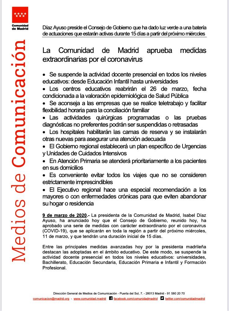 Colegio_StaRita's tweet photo. La Comunidad de Madrid ha decretado este lunes el cierre de guarderías, colegios y universidades en toda la región para evitar la propagación del coronavirus. La medida se aplicará a partir del miércoles y se extenderá como mínimo 15 días. Seguiremos informando. https://t.co/bmlf7clltg