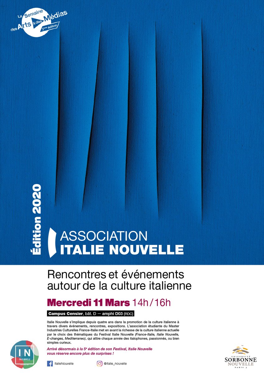 MPro_Italie's tweet photo. @ItalieNouvelle se présente ce mer 11 mars, entre 14h et 16h, dans l'amphi D03 du campus Censier (13 rue Santeuil, 75005). Italophones, passionnés, ou bien simples curieux de culture italienne actuelle venez découvrir l’association étudiante de la Sorbonne Nouvelle https://t.co/2akKj082x9