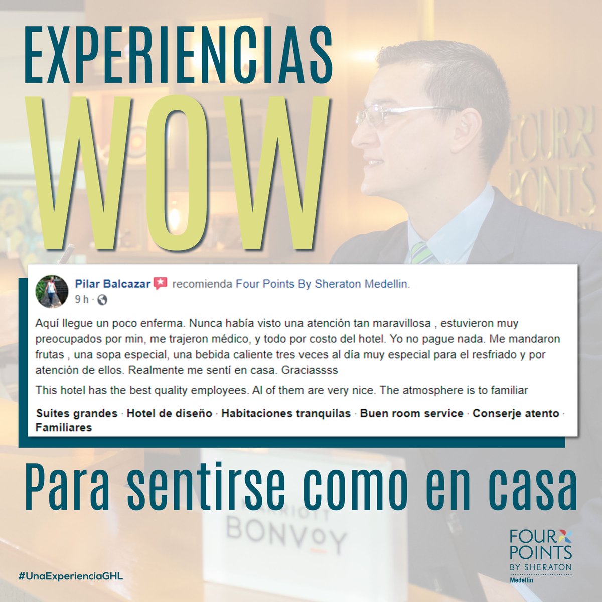 EXPERIENCIAS WOW
Para sentirse como en casa.

Gracias a nuestra huésped Pilar Balcazar por compartir sus #experienciasdeviaje inolvidables. Siempre bienvenida a nuestro hotel para que sigas contando historias WOW y esperamos de todo corazón, que te encuentres muy bien de salud.
