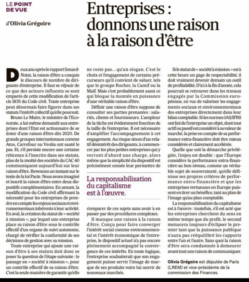 Elle a raison ⁦<a href="/oliviagregoire/">Olivia Gregoire</a>⁩ de dire qu’il manque une raison à la #raisondetre. Au delà de la com, et si la vraie raison était de travailler à la responsabilisation du capitalisme pour penser une alternative européenne ? MUST READ ⬇️