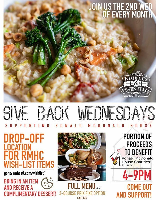 REMINDER that this Wed (3/11/20) is GIVE-BACK WEDNESDAY at @ediblesandessentials! Join us at the restaurant on the 2nd Wednesday of every month as we team up with @ronaldmcdonaldhousecharity! We are big supporters of this wonderful charity and we will be donating a portion o…