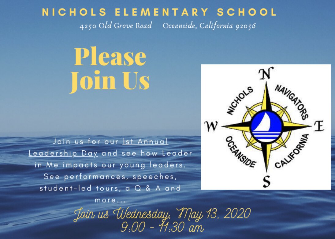 Save the Date for this exciting day at Nichols Elementary! We are looking forward to opening our doors to our community to celebrate the great things happening at our school! Come see our students shine ⭐️ @OsideUSD <a href="/Nichols_Navig/">Nichols Navigators</a> <a href="/TheLeaderinMe/">The Leader in Me</a>