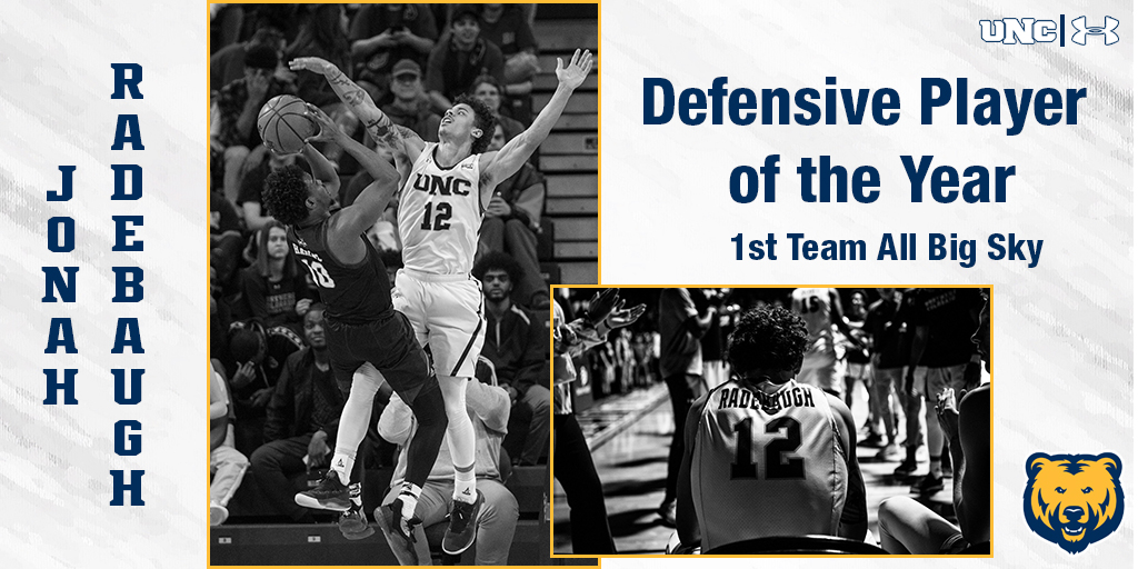 UNC_BearsMBB's tweet photo. 🚨 BREAKING 🚨
History is made! @Radebaugh12 becomes the first player in #BigSkyMBB history to win the Defensive Player of Year 3⃣ times! 💪😤💪
He is also a unanimous 1⃣st team All-Big Sky selection!
#GoUNCBears🐻🏀 https://t.co/TbfncTEYEb