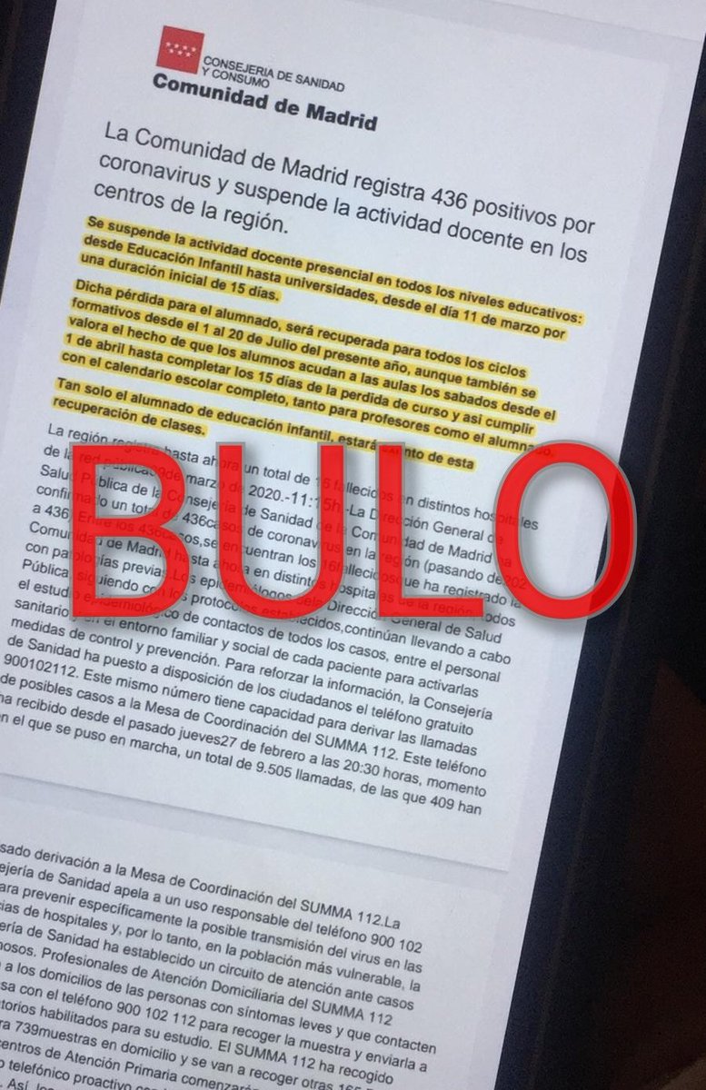 VOSTmadrid's tweet photo. #Coronavirus 🧬: Rogamos durante los próximos días más responsabilidad si cabe entre todos, contrastando las informaciones que nos llegan y evitando difundir falsas comunicaciones, como esta imagen que está circulando por redes sociales.

#StopBulos https://t.co/owckha3Vdk