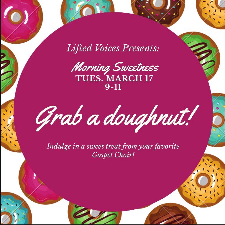 NSULALV's tweet photo. "Alright alright ALLLRIGHTTTTT, We got events coming next week! Come and get some doughnuts Tuesday to start off your morning. Then Wednesday, chunk your extra change in your cup holder for a better cause. Finally Thursday, Issa vibe and we're going to play games. Beat us there! https://t.co/bWlujH4wmf