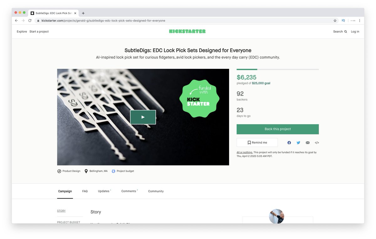 SubtleDigs's tweet photo. Woohoo! We hit 25% of our funding goal today. Thanks to everyone that's supported our @kickstarter so far, and if you haven't, there's still time. #crowdfunding #lockpicking #locksport #puzzles #gadget #fidget https://t.co/OGdMMZVVnw