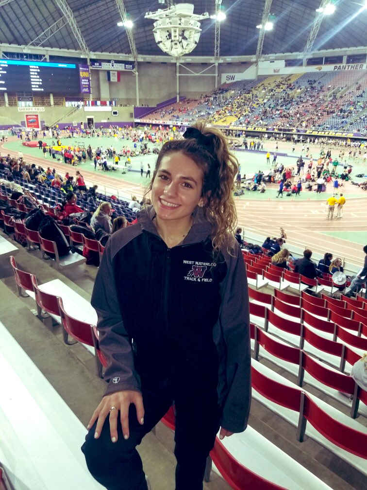 WahawkGirlsTF's tweet photo. Three seniors and three lifetime bests. #prpost 
Gina leading off the 4x2
Tori in the 4x8
Maya in the shot put https://t.co/bPSJmZjyGh