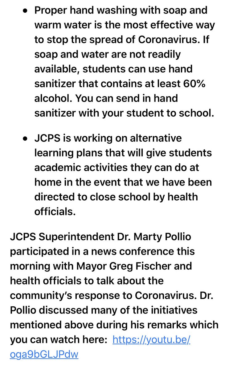 JCPSKY's tweet photo. We just released another update to our @JCPSKY families tonight regarding the steps our district is taking to prevent the spread of #coronavirus. Please take a minute to read this important information. ⬇️ #WeAreJCPS https://t.co/08GPYe2wZo