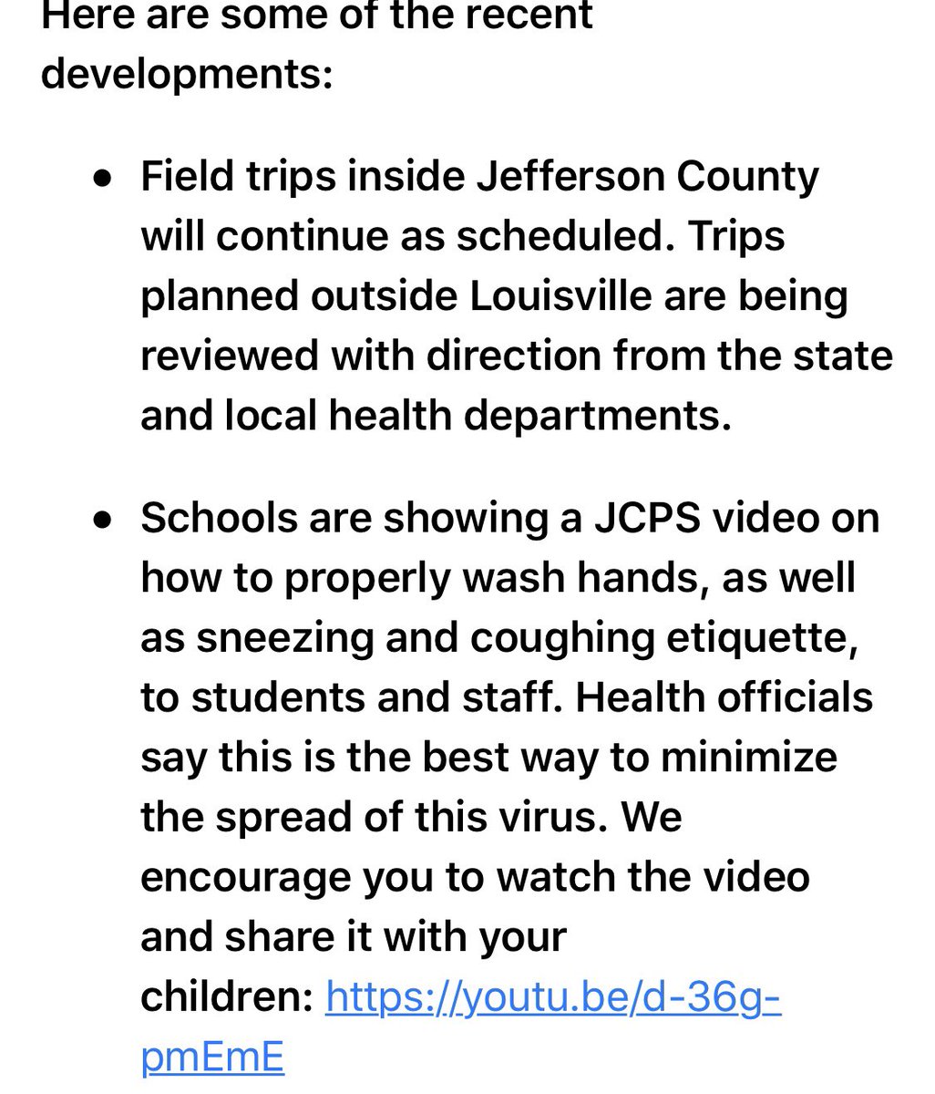 JCPSKY's tweet photo. We just released another update to our @JCPSKY families tonight regarding the steps our district is taking to prevent the spread of #coronavirus. Please take a minute to read this important information. ⬇️ #WeAreJCPS https://t.co/08GPYe2wZo