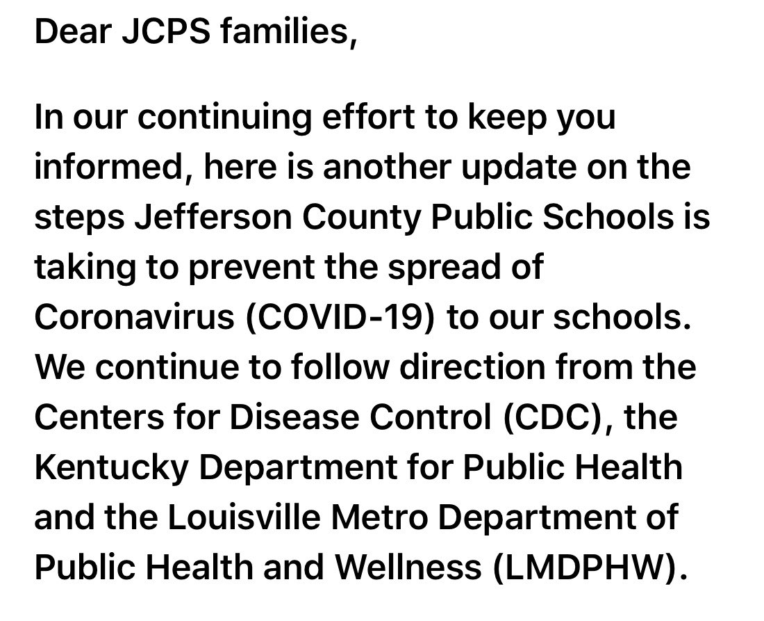 JCPSKY's tweet photo. We just released another update to our @JCPSKY families tonight regarding the steps our district is taking to prevent the spread of #coronavirus. Please take a minute to read this important information. ⬇️ #WeAreJCPS https://t.co/08GPYe2wZo